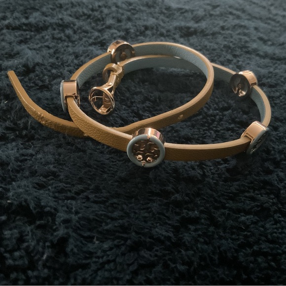 TB Double Wrap Leather Logo Bracelet Two-Tone Mustard&Light Blue W/ Gold Tone HW - Picture 7 of 11